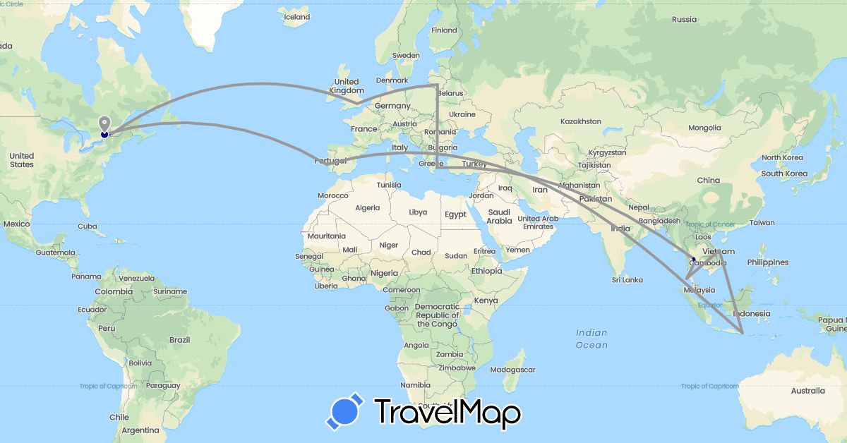 TravelMap itinerary: driving, plane in Canada, United Kingdom, Greece, Indonesia, Lithuania, Portugal, Thailand, Vietnam (Asia, Europe, North America)
